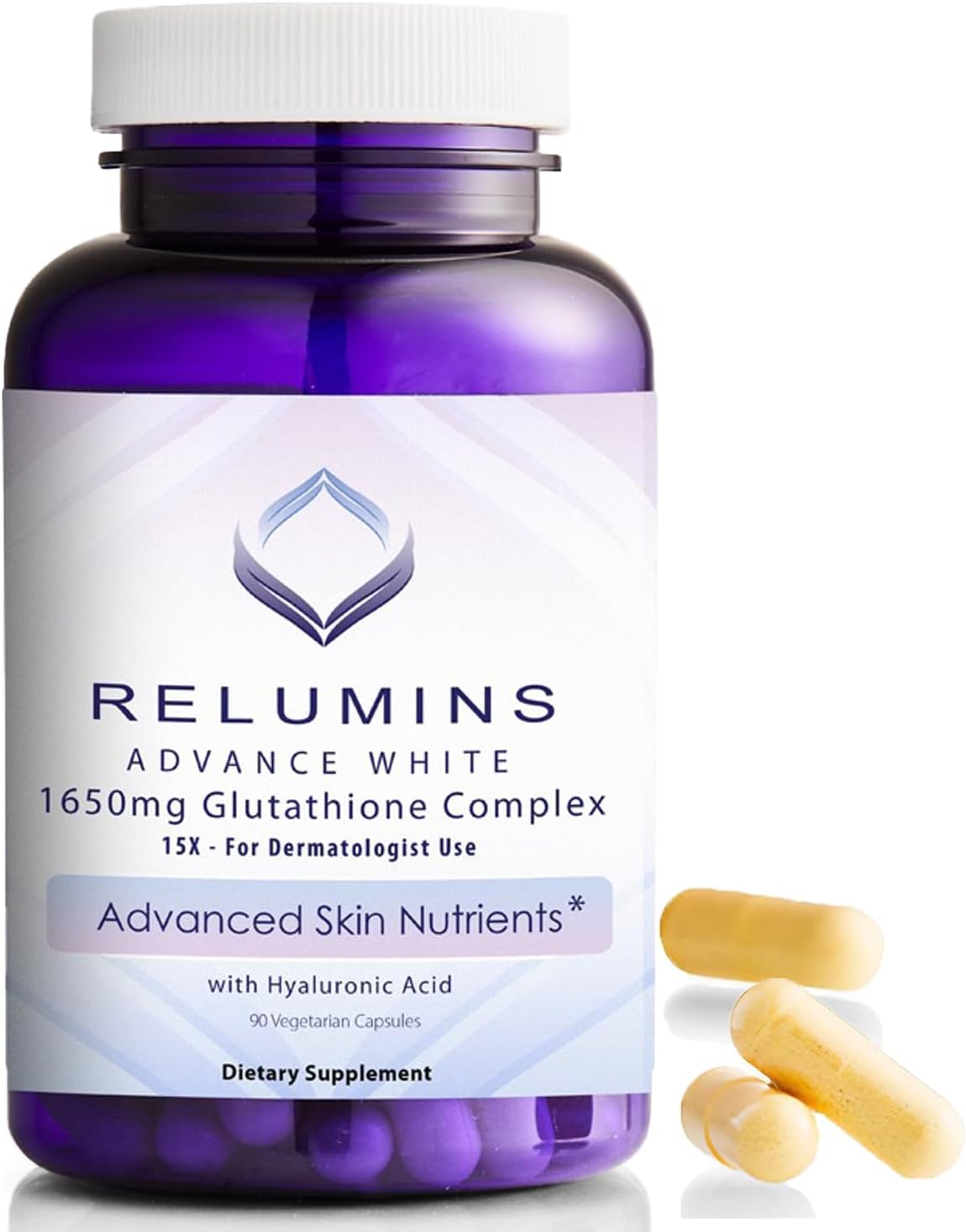 Relumins Complejo de L-Glutión 1650mg con Ácido Hialurónico, Alfa Lipoico, Escaramujo, Vitamina E y Riboflavina - 90 Cápsulas