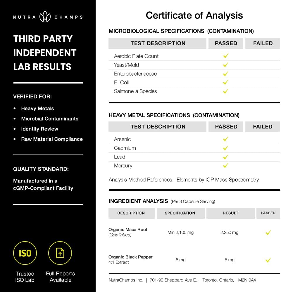 NutraChamps Maca Root Orgánica 2100mg, 180 Cápsulas, Mezcla de Maca Negra, Roja y Amarilla