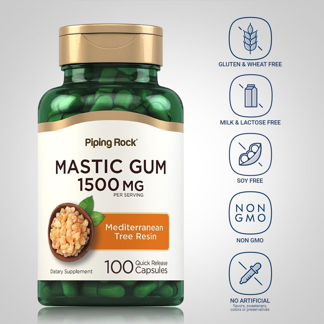 Piping Rock Goma de Masilla en Cápsulas 1500mg | 100 Cápsulas | Resina de Árbol Mediterráneo | No Transgénico, Sin Gluten