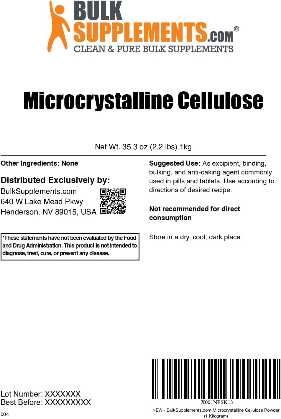 BulkSupplements Celulosa Microcristalina en Polvo - MCC, Grado Alimenticio, Excipiente, Aglutinante y Antiaglomerante, 5 kg