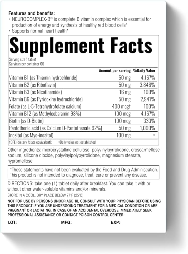 Neurocomplex-B® Slow-Release B Complex, Vegano, 60 Comprimidos