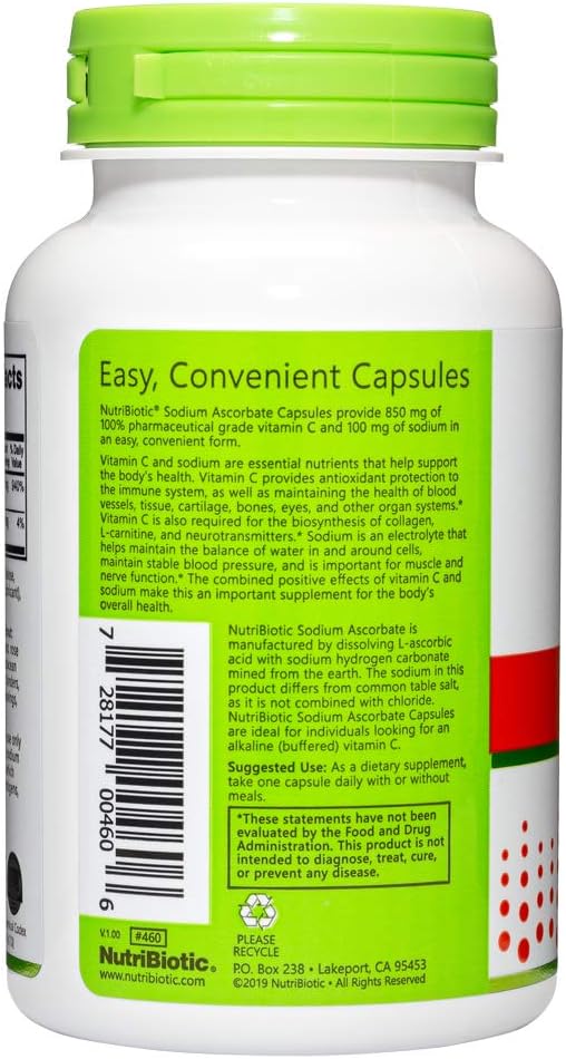 NutriBiotic Ascorbato Sódico Vitamina C Tamponada, 100 Cápsulas