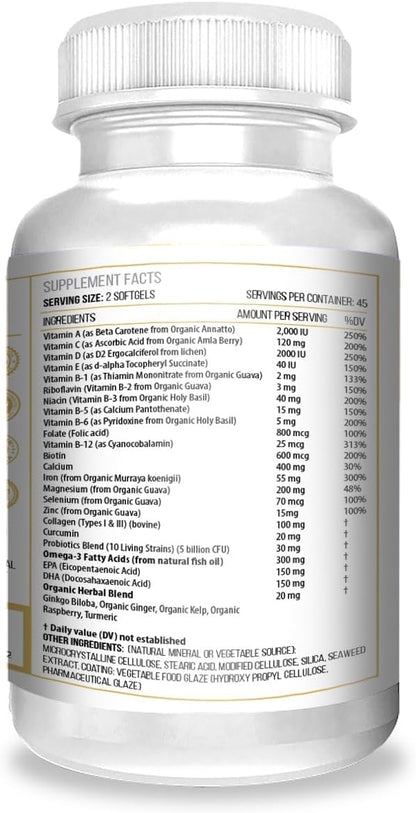 ACTIF Multivitamínico Orgánico para Mujeres de 70+ Años con Omega-3 y Más de 20 Factores Avanzados, No Transgénico, Hecho en EE. UU., 90 Cápsulas