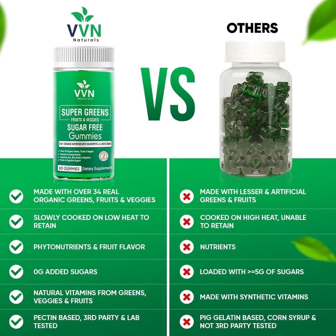 VVN Naturals Gominolas de Super Greens y Frutas Orgánicas Sin Azúcar (60 Gomitas Veganas)