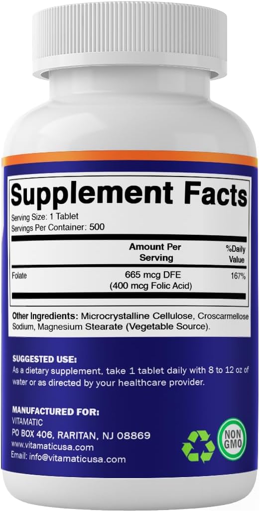 Vitamatic Ácido Fólico 400 mcg - 500 Comprimidos Vegetarianos - Vitamina B9
