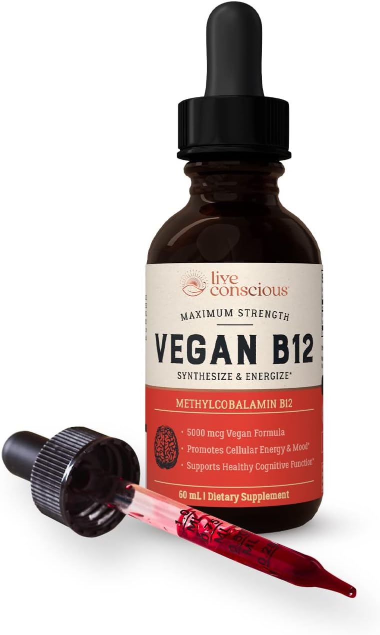 Live Conscious Vitamina B12 Sublingual 5000mcg - Gotas de Metilcobalamina Veganas (2 Envases)
