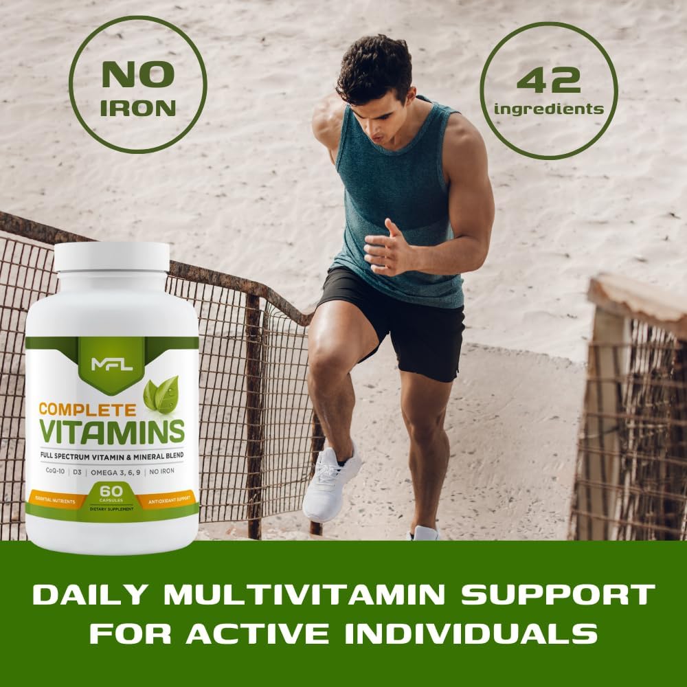 Complete Vitamins | Multivitamínico con Omega 3.6.9, CoQ-10 y Vitamina D3 | Sin Hierro | 60 Cápsulas