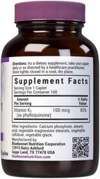 Bluebonnet Vitamina K1 100 mcg – Filoqinona Crystalline – 100 Caplets Veganos