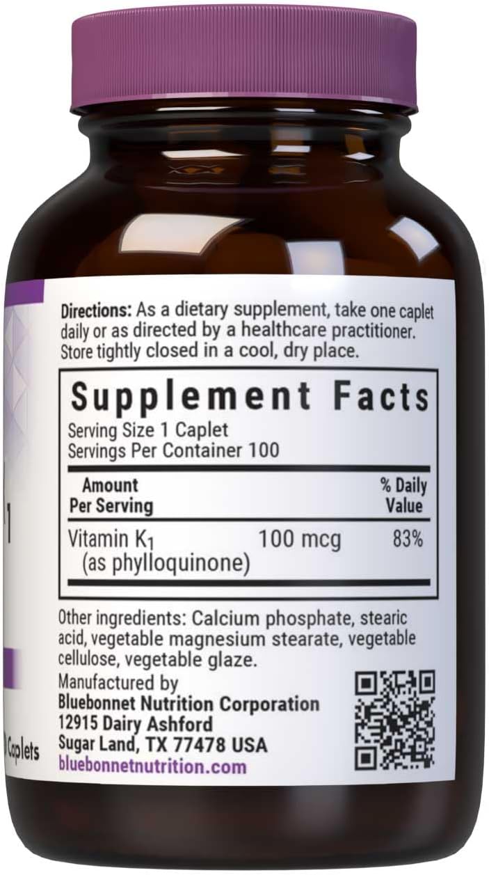 Bluebonnet Vitamina K1 100 mcg – Filoqinona Crystalline – 100 Caplets Veganos