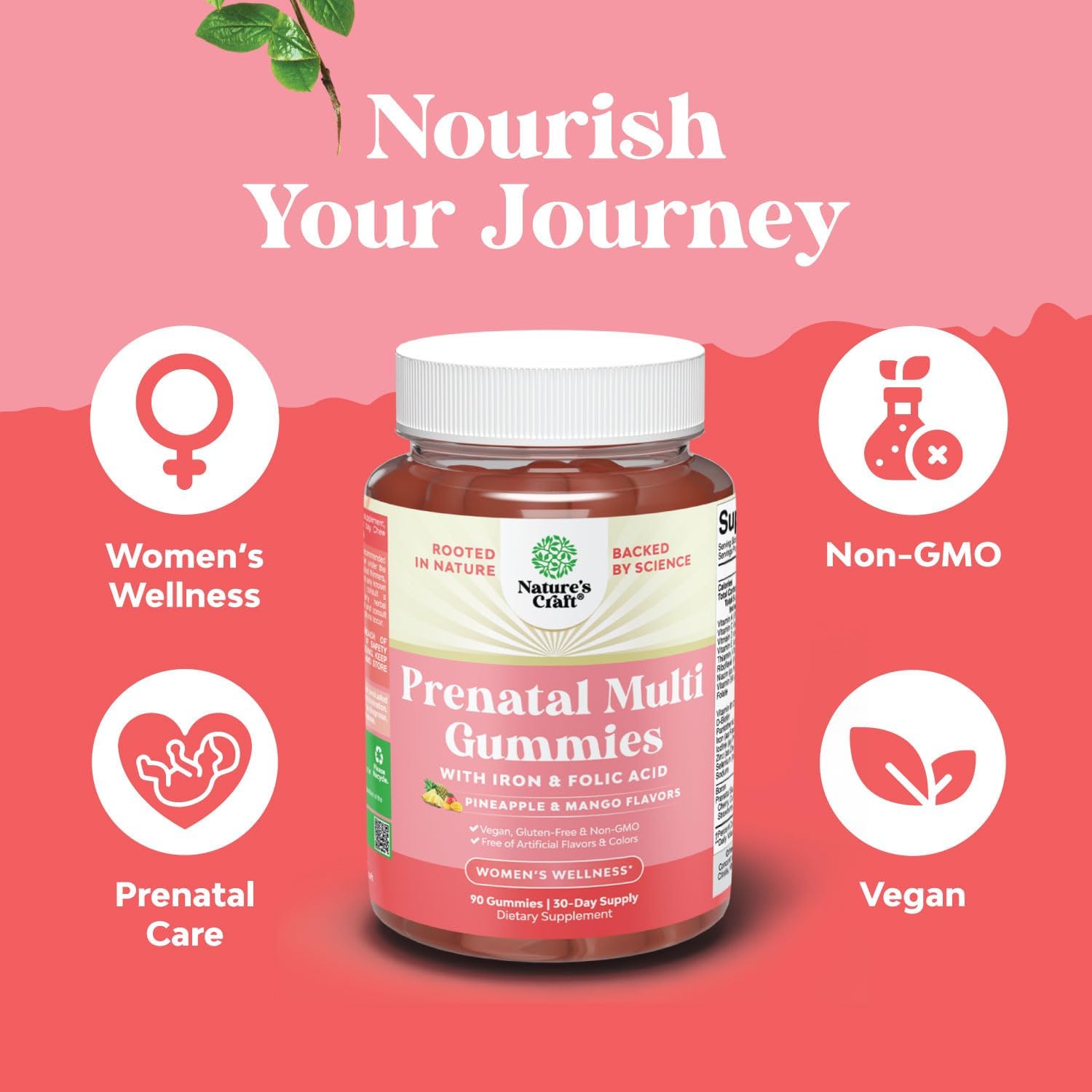 Natures Craft Gomitas Prenatales Veganas para Mujeres con Hierro y Ácido Fólico - 90 Gomitas Sabor Piña Mango