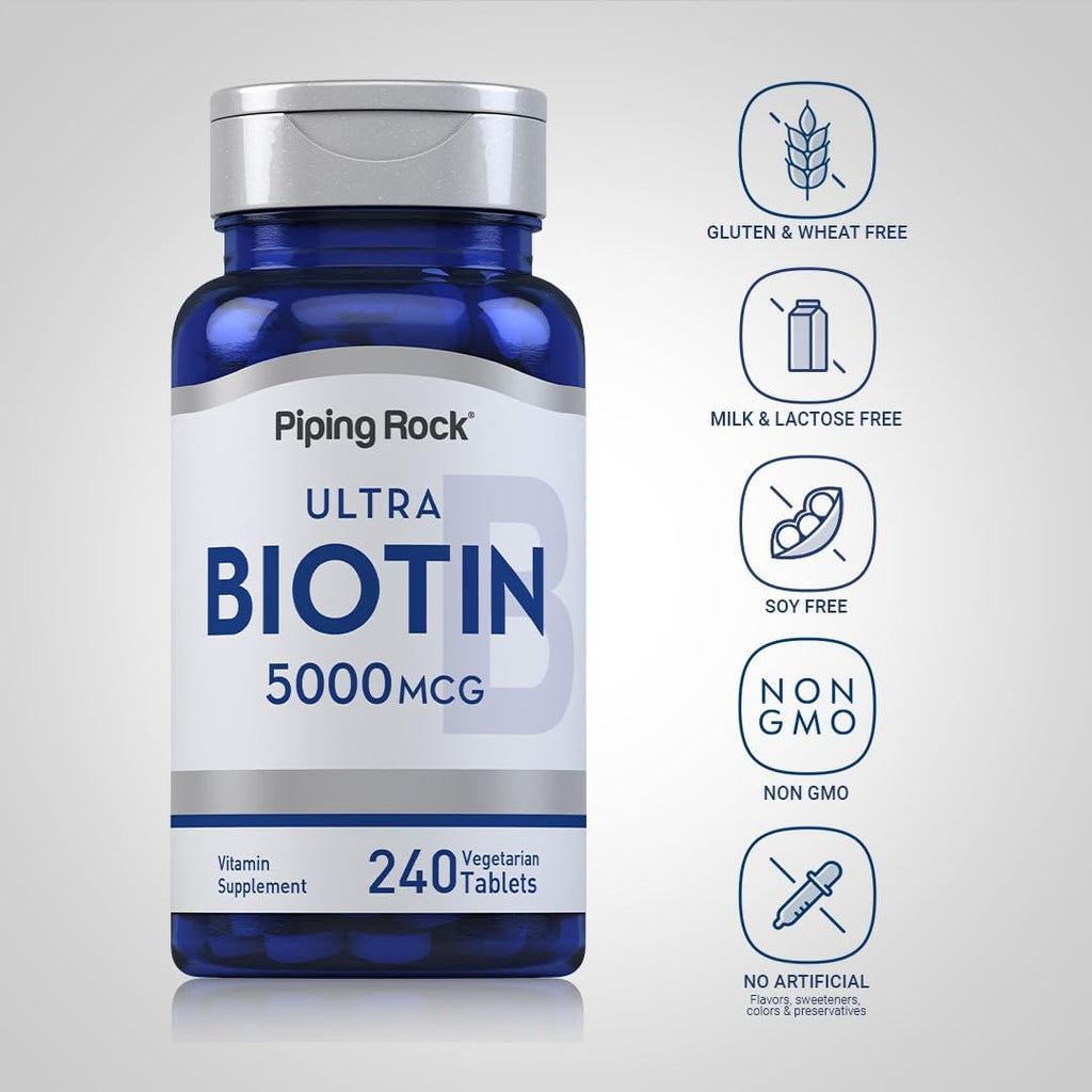 Piping Rock Biotina 5000mcg | 240 Comprimidos | Suplemento de Vitamina B7 | Vegetariano, Sin Gluten, No-GMO