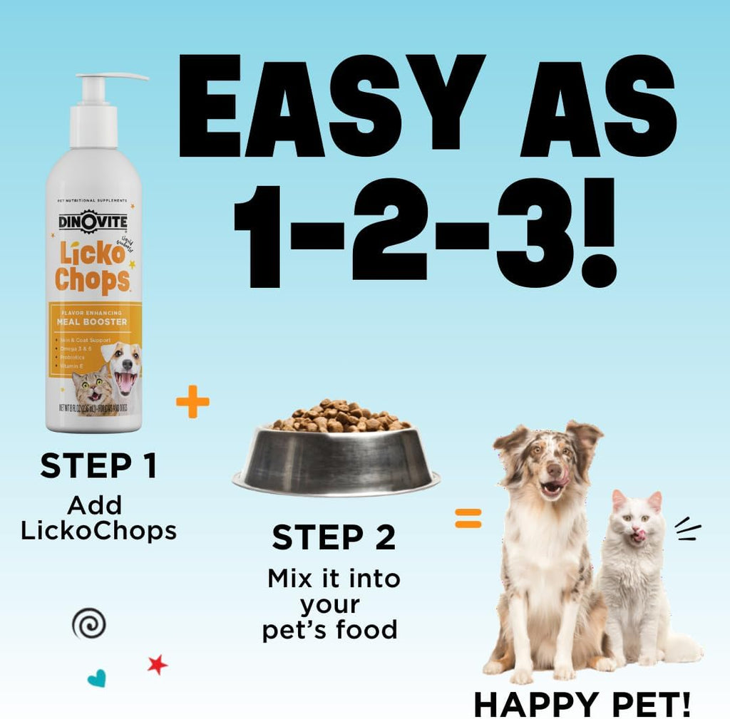 Dinovite Lickochops Suplemento para Perros y Gatos con Ácidos Grasos Omega-3 y 6, Probióticos y Vitamina E, 473 ml con Dosificador