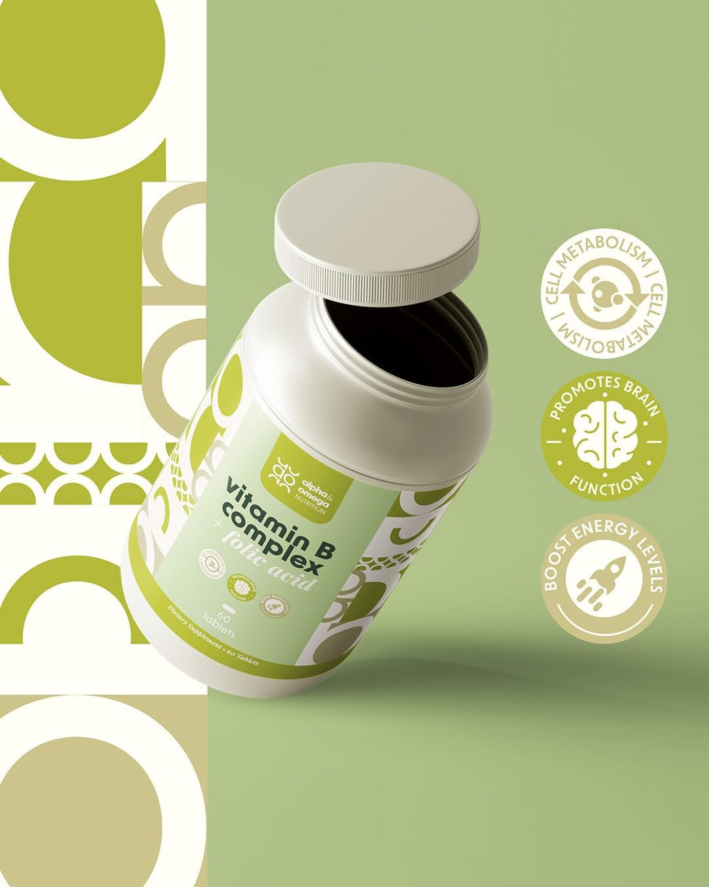 Alpha & Omega Nutrition Vitamin B-Complex + Folic Acid, Support Neurological Health, Energy Levels & Nervous System Support, Vitamin B12, Biotin & More - 60 Tablets, 2 Mo Supply