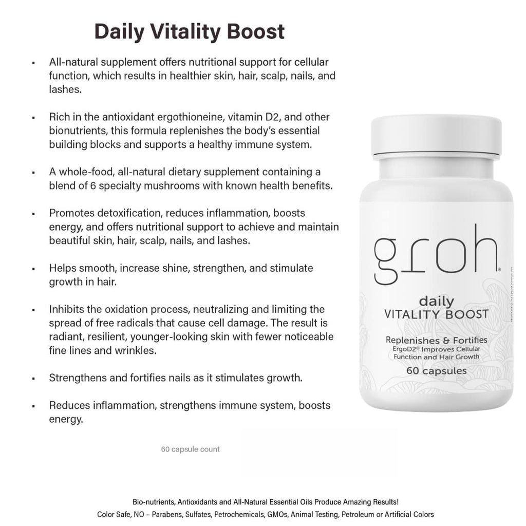 Groh Daily Vitality Boost - Suplemento Natural para Cabello, Piel y Uñas con Hongos y Antioxidantes - 60 Cápsulas
