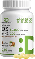 DEAL SUPPLEMENT Vitamina D3 50.000 UI + K2 MK7 200 mcg, 240 Cápsulas Blandas