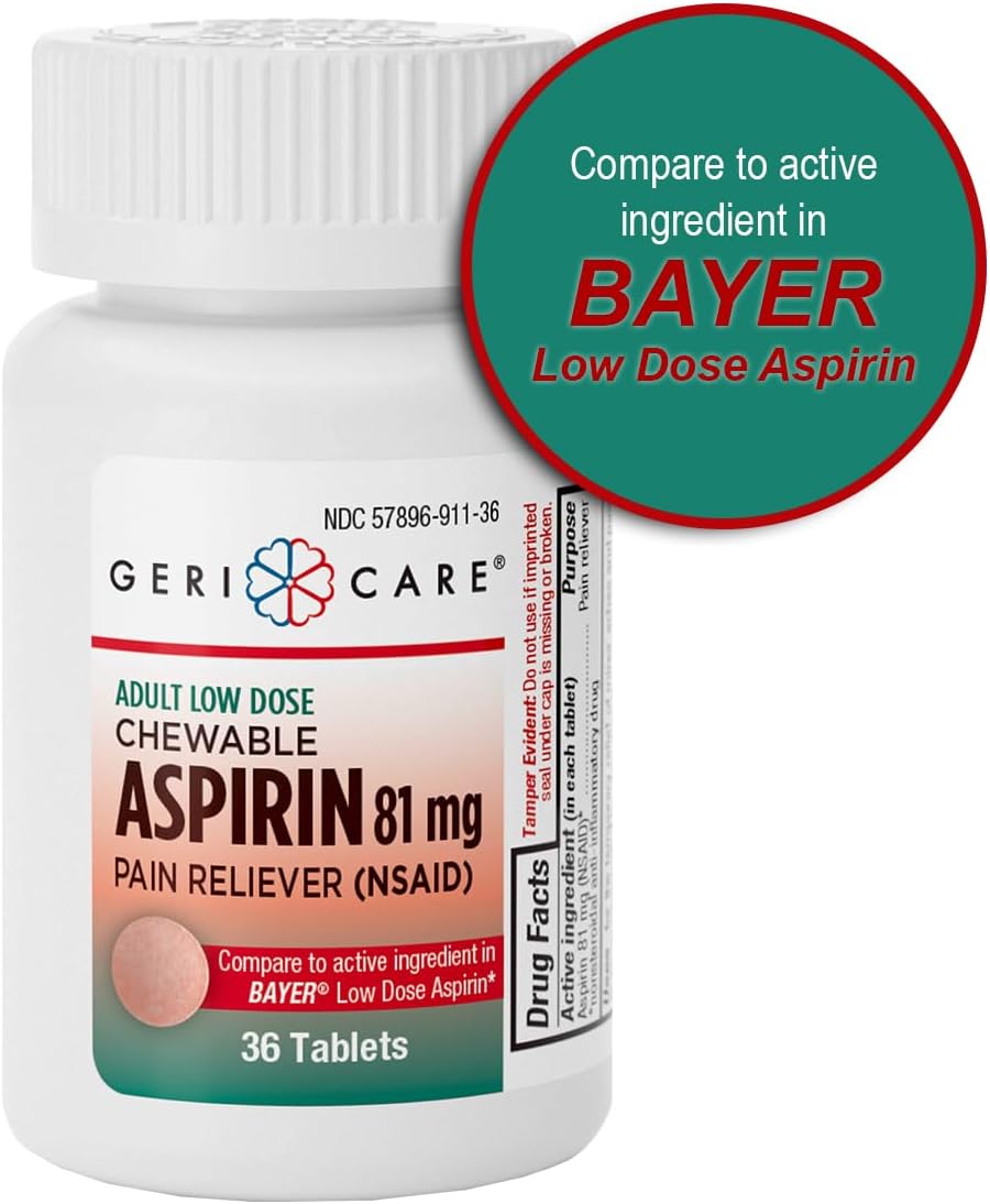 GeriCare Aspirina 81 mg Masticable para Adultos, Alivio del Dolor y Reductor de Fiebre, 36 Comprimidos