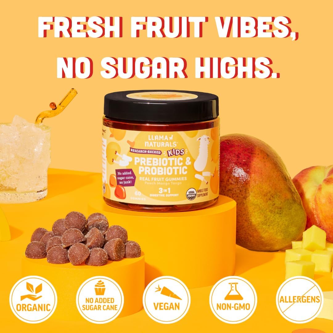 Llama Naturals Probiótico Infantil con Prebiótico - Gomitas Veganas de Fruta Real - Sin Azúcar Añadido - Sabor Melocotón Mango - 60 Gomitas