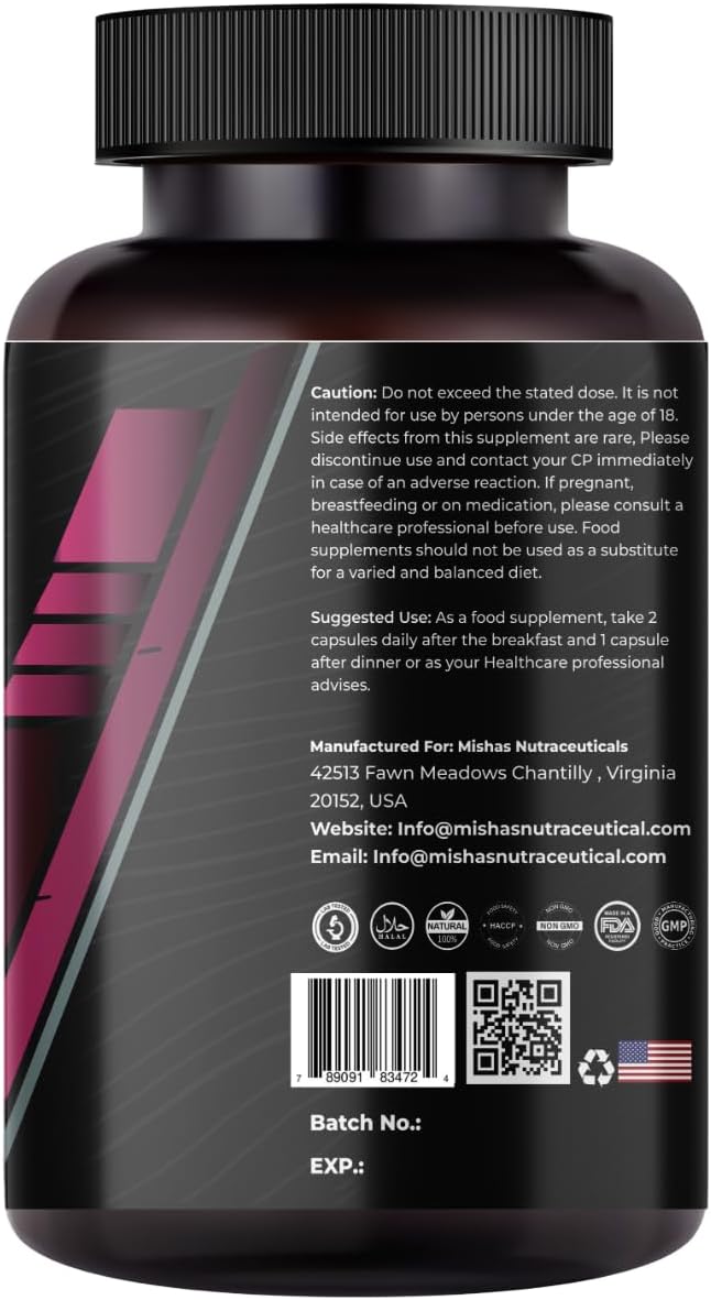 Mishas Nutraceuticals L-Tirosina con Raíz de Maca, Ashwagandha y Complejo de Vitaminas – 60 Cápsulas