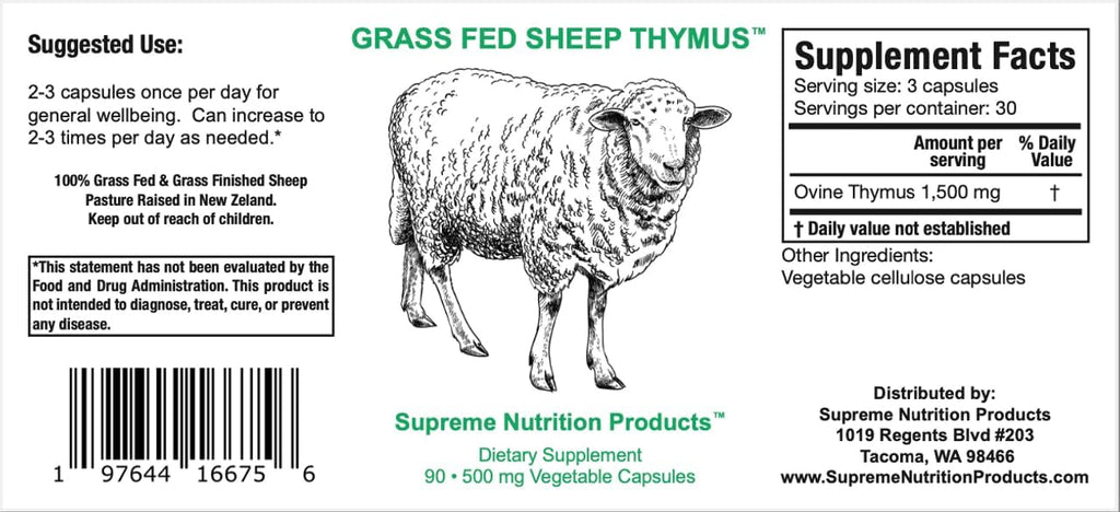 Supreme Nutrition Timo de Cordero - 100% Alimentado con Pasto y Finalizado en Nueva Zelanda, 90 Cápsulas de Timo Ovino Puro