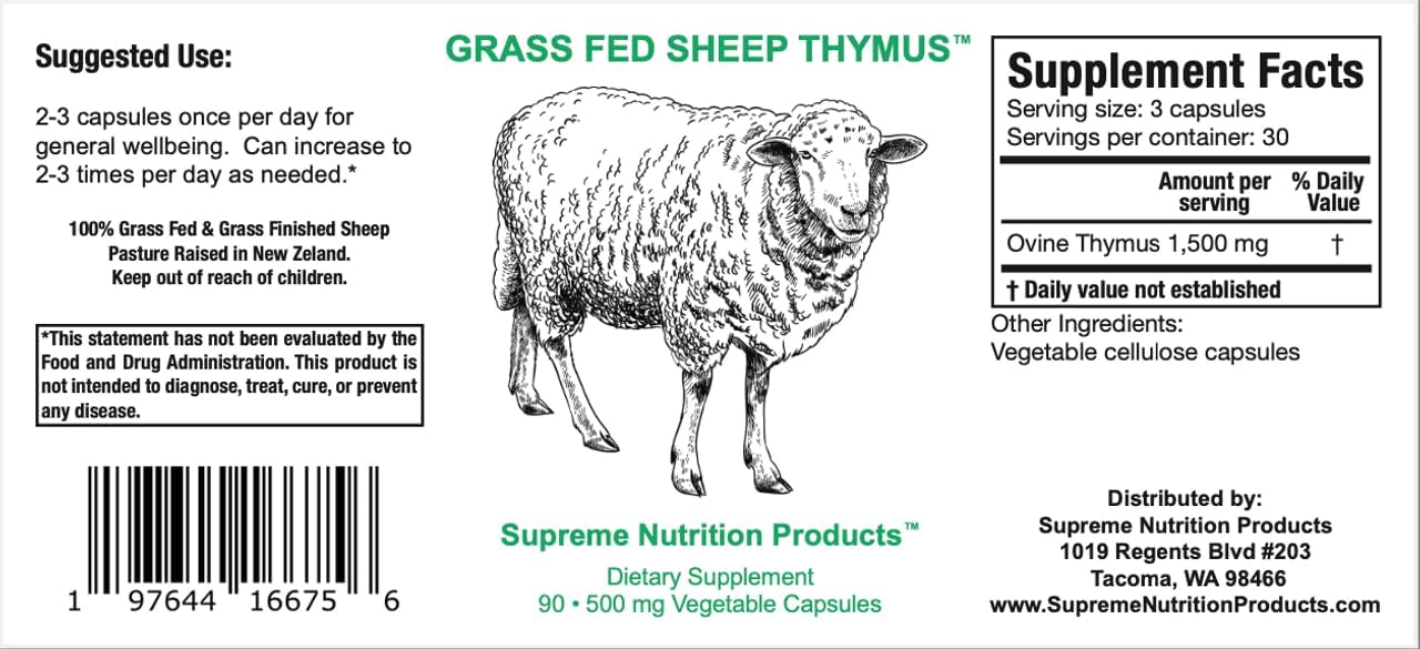 Supreme Nutrition Timo de Cordero - 100% Alimentado con Pasto y Finalizado en Nueva Zelanda, 90 Cápsulas de Timo Ovino Puro