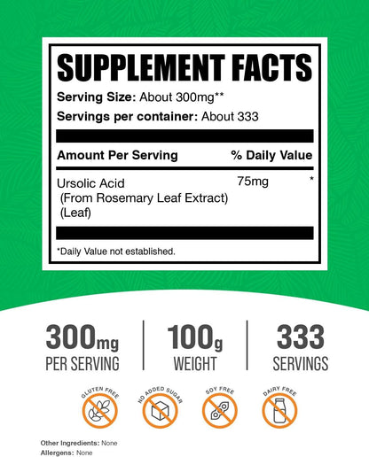 Ácido Ursólico en Polvo - BulkSupplements - Extracto de Hoja de Romero - Vegano y Sin Gluten - 125mg por Ración - 100g