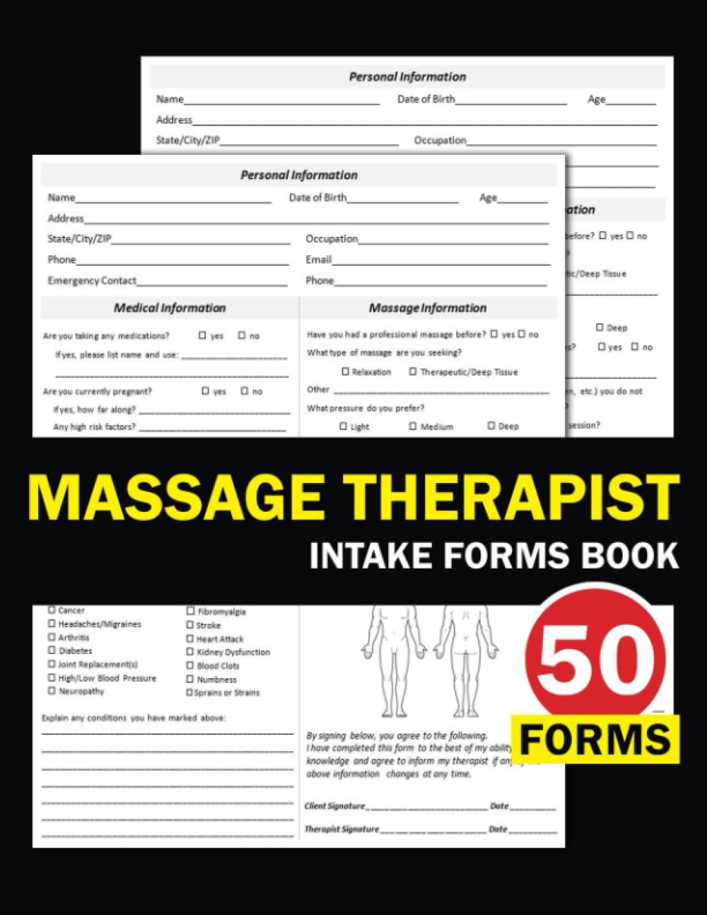 Libro de Formularios para Masajistas: Registro de Información Médica y de Masaje, Formularios de Admisión y Consentimiento, 100 Páginas (50 Formularios), Letra Grande 21.6 x 27.9 cm