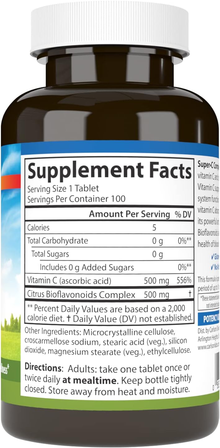 Carlson Super-C Complex - Vitamina C + Bioflavonoides, 100 Comprimidos Vegetarianos