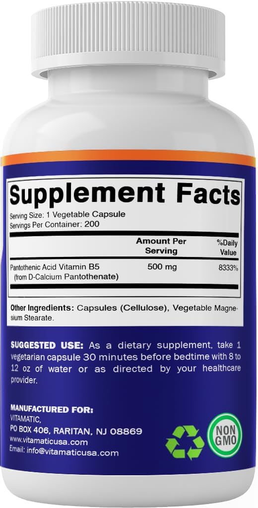 Vitamatic Ácido Pantoténico (Vitamina B5) 500 mg - 200 Cápsulas Vegetales