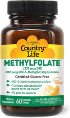 Country Life Metilfolato Masticable - Folato Activo con Vitamina B12 - Sabor Naranja - Sin Gluten - Vegano - 60 Comprimidos