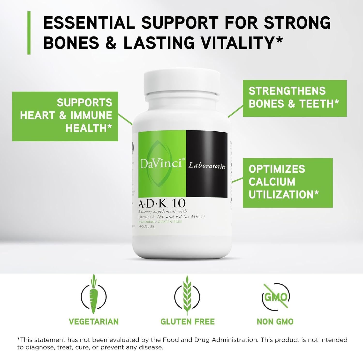 DAVINCI Labs ADK 10 - Combinación de Vitaminas A, D3 y K2 (MK-7) - 90 Cápsulas - Vegetariano, Sin Gluten, Sin Soja