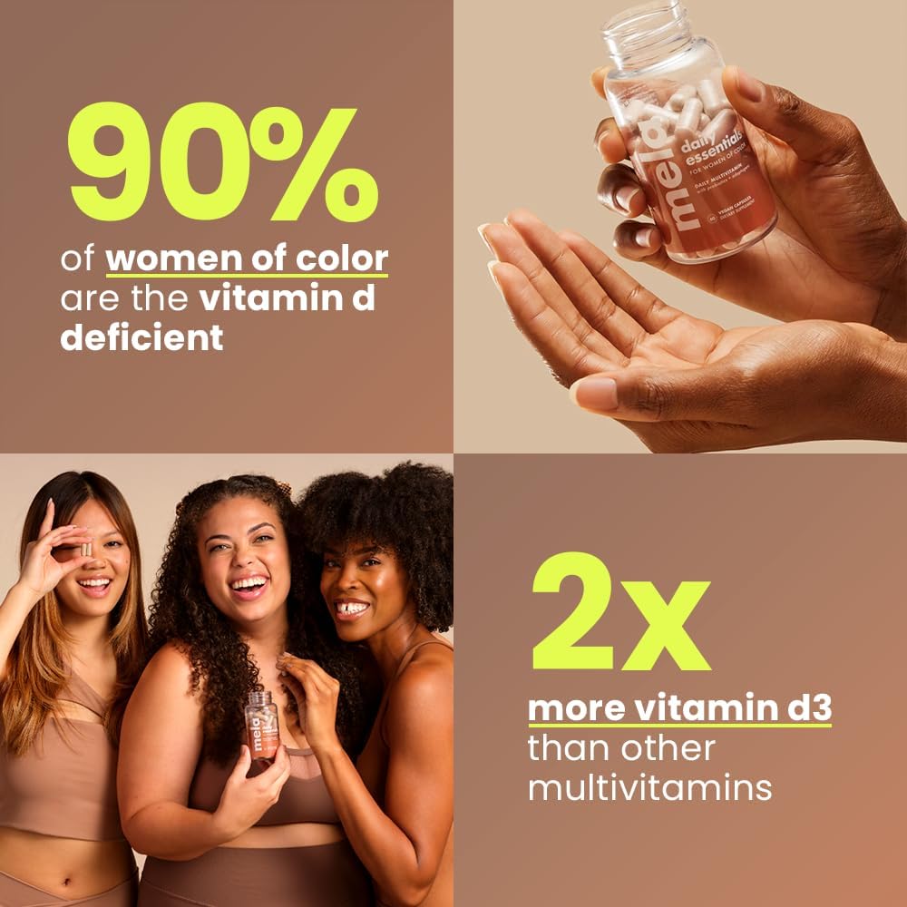 Mela Daily Essentials Multivitamínico para Mujeres con Melanina - Alta Dosis de Vitamina D3 y B12, Probióticos, Melena de León, Canela de Ceilán - Vegano, Sin Gluten, Sin OGM, Suministro para 30 Días (60 Cápsulas)