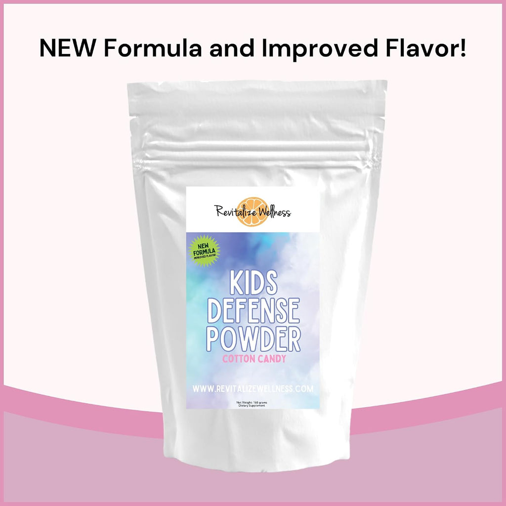 Revitalize Wellness Kids Defense Powder | Nueva fórmula, mejor sabor | Dosis ortomolecular de 1000 mg de vitamina C y 250 mg de B3 | Puro, sin maíz y sin OMG | Sabor a algodón de azúcar | 120 raciones