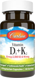 Carlson Vitamina D3 + K2, 2000 UI D3 y 90 mcg K2 MK-7, 60 Cápsulas