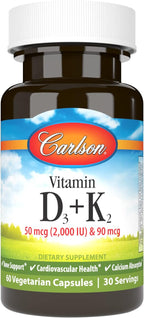 Carlson Vitamina D3 + K2, 2000 UI D3 y 90 mcg K2 MK-7, 60 Cápsulas