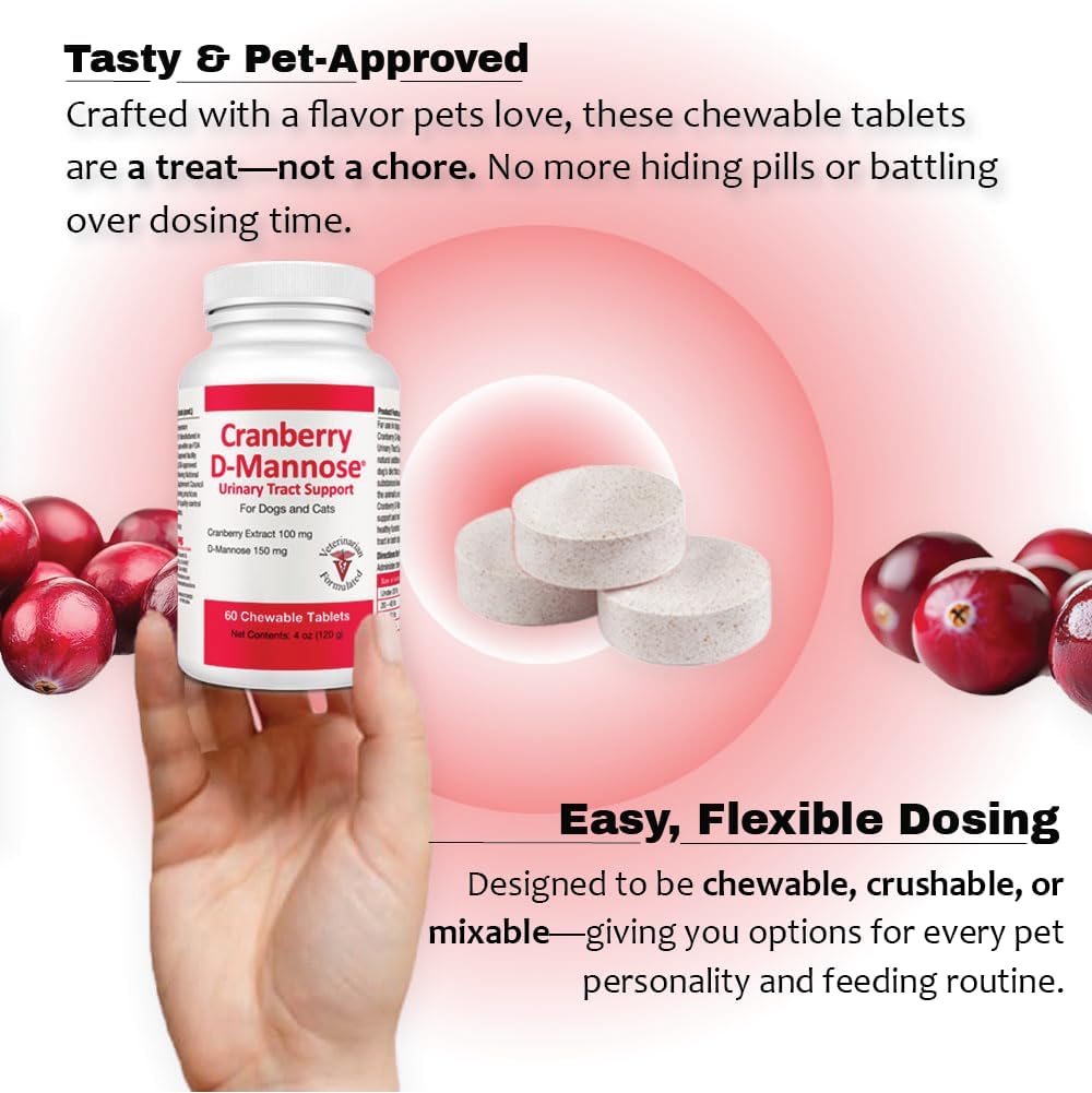 Cranberry & D-Mannose Urinary Tract Supplement for Dogs & Cats - Bladder & Urinary Tract Health Support - Cranberry Extract, D-Mannose & Vitamin C - 60 Chewable Tablets