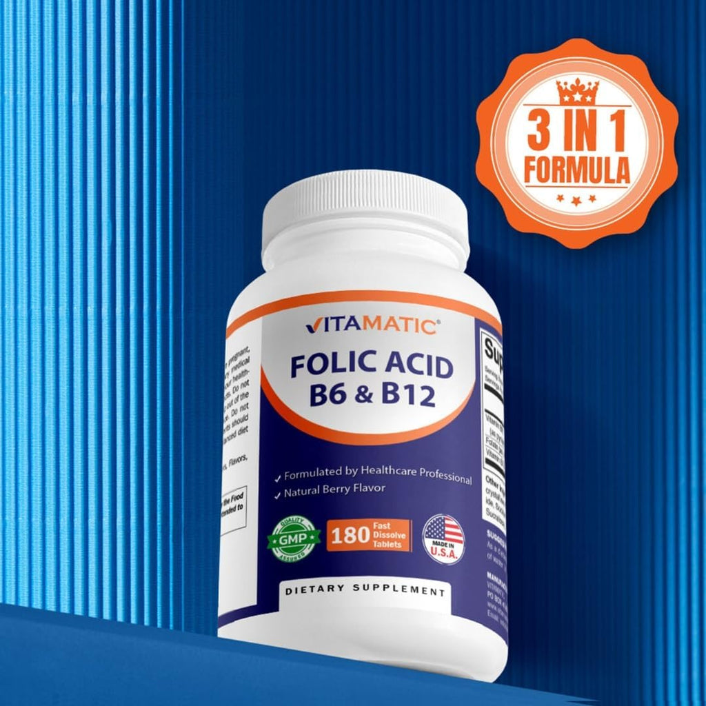 Vitamatic Ácido Fólico, Vitamina B12 y B6 – 180 Comprimidos de Disolución Rápida
