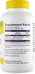 Healthy Origins Vitamin E 400 IU (Natural, GMO-Free, Gluten-Free) – 360 Softgels