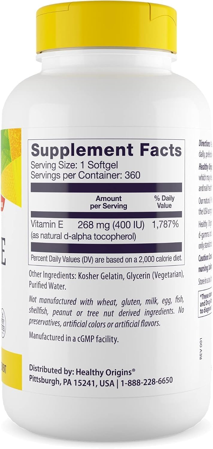 Healthy Origins Vitamin E 400 IU (Natural, GMO-Free, Gluten-Free) – 360 Softgels