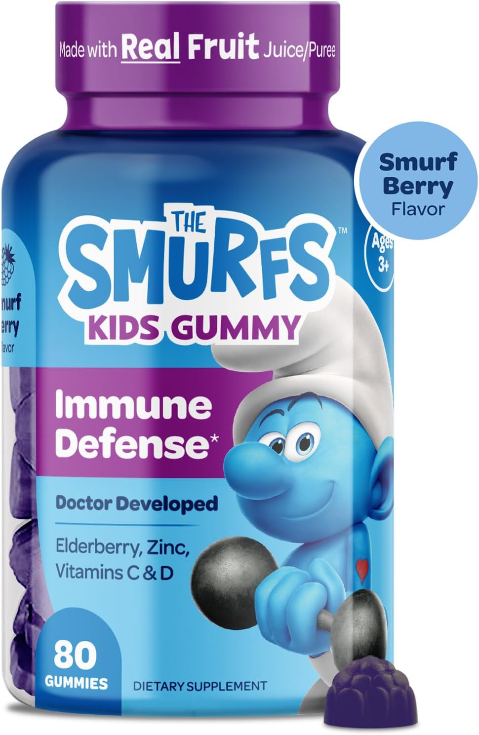 Smurfs Immune Support Gominolas para Niños con Saúco, Zinc, Vitamina C y D - Defensas Naturales - 80 Gominolas