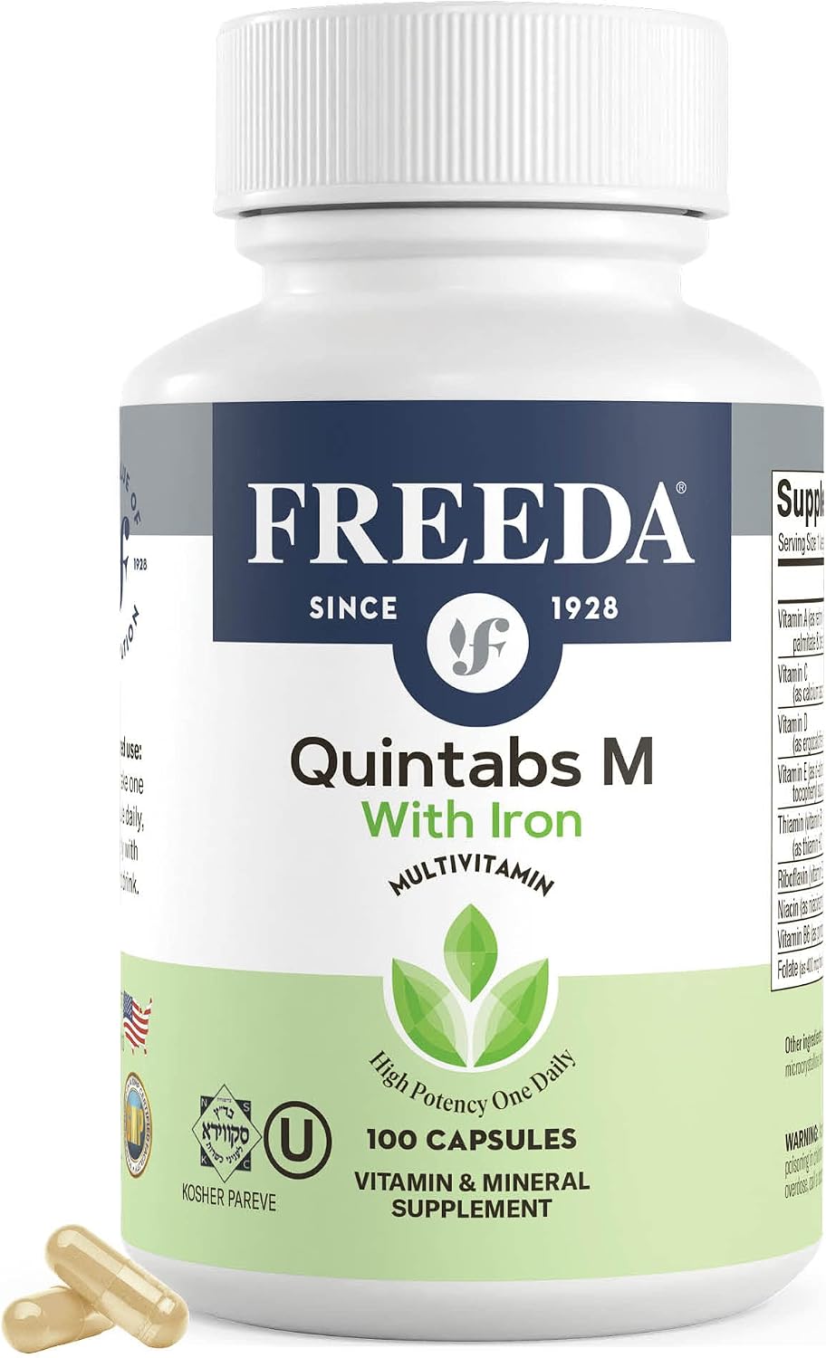 FREEDA Multivitamínico – Quintabs-M con Hierro – Complemento Multivitamínico Kosher para la Salud de la Mujer – Multivitaminas para Mujeres y Hombres con Deficiencia de Hierro (100 cápsulas)