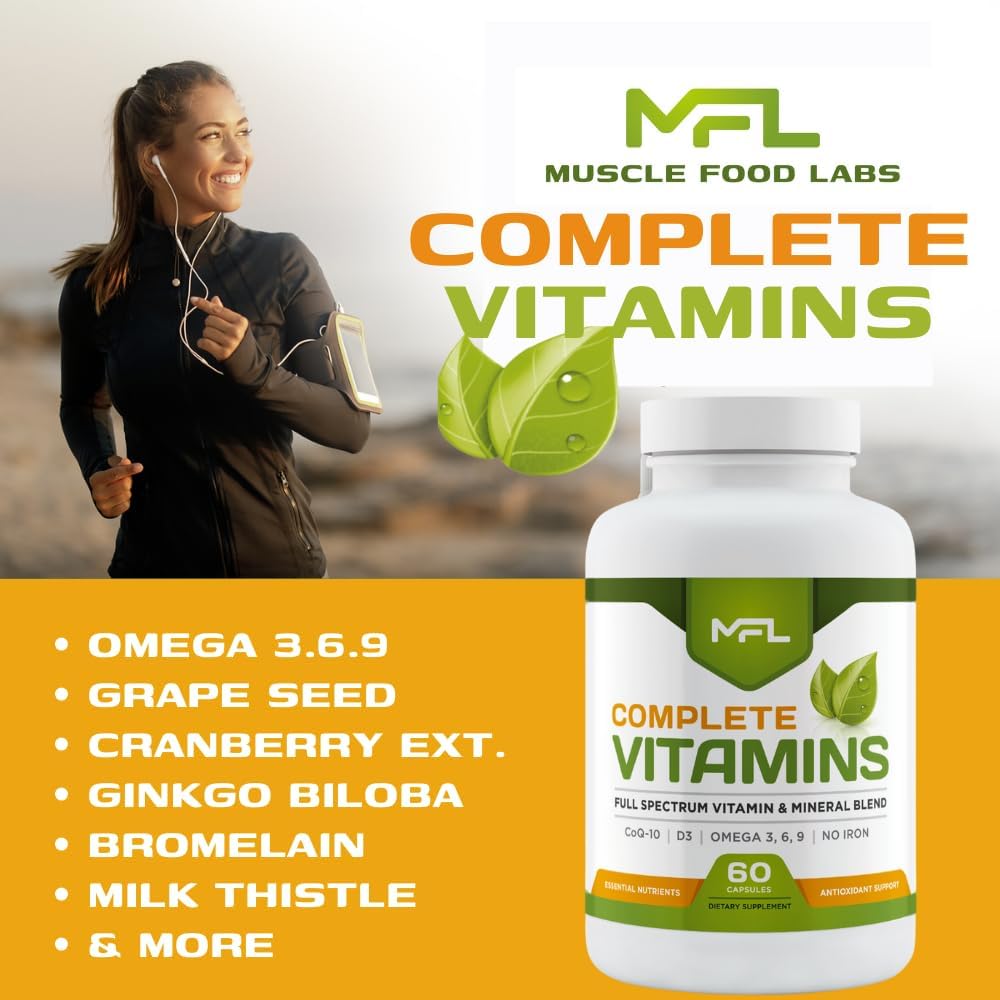 Complete Vitamins | Multivitamínico con Omega 3.6.9, CoQ-10 y Vitamina D3 | Sin Hierro | 60 Cápsulas