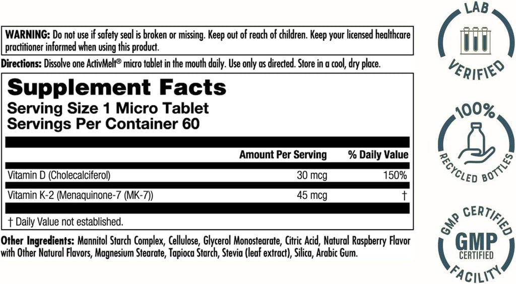 KAL Vitamina D3 K2 ActivMelt - Complemento con D3 y K2 MK-7, Comprimidos de disolución rápida, Sabor natural a frambuesa, 60 dosis