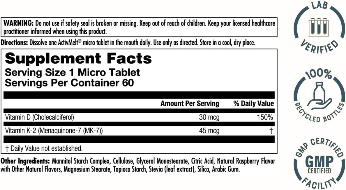 KAL Vitamina D3 K2 ActivMelt - Complemento con D3 y K2 MK-7, Comprimidos de disolución rápida, Sabor natural a frambuesa, 60 dosis