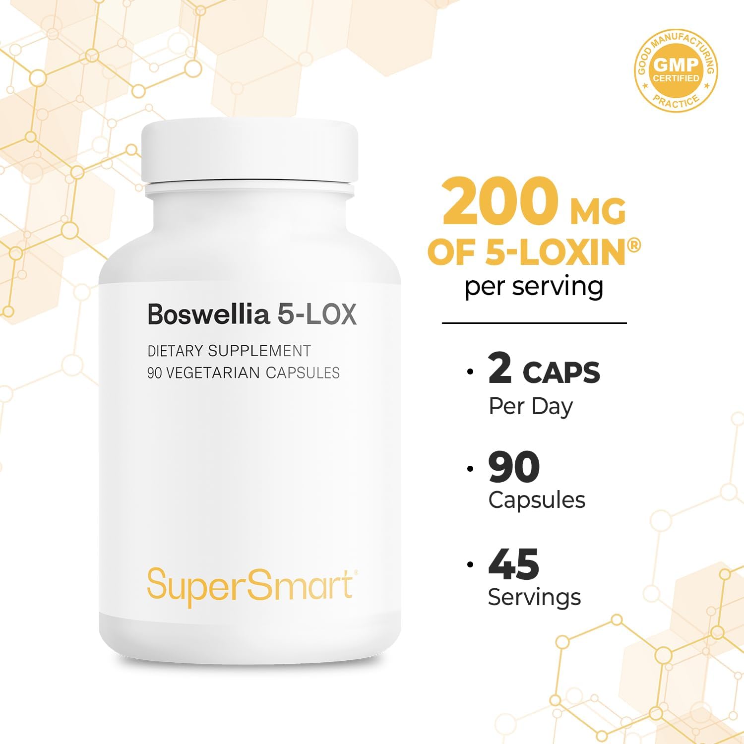 Supersmart - 5-Loxin 200mg al Día (Patented) - AKBA Suplemento - Extracto de Boswellia Serrata | No GMO y Sin Gluten - 90 Cápsulas Vegetales