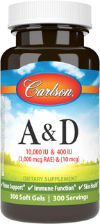 Carlson - Vitamina A y D3, 10000 UI (3000 mcg RAE) de Vitamina A, 400 UI (10 mcg) de Vitamina D3, 300 Cápsulas Blandas