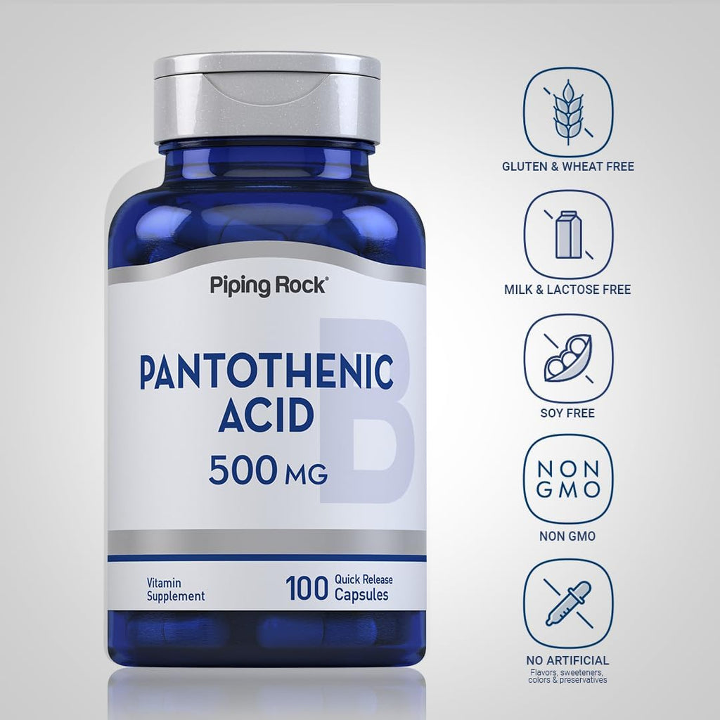 Piping Rock Ácido Pantoténico 500 mg | 100 Cápsulas | como D-Pantotenato Cálcico | Sin OGM, Sin Gluten
