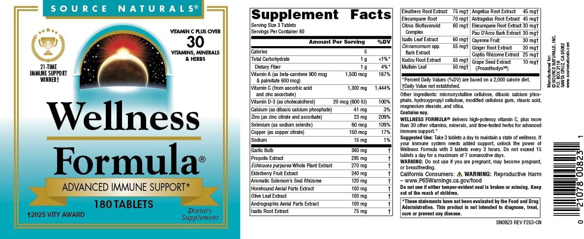 Source Naturals Wellness Formula Bio-Aligned Vitamins & Herbal Defense - 180 Comprimidos