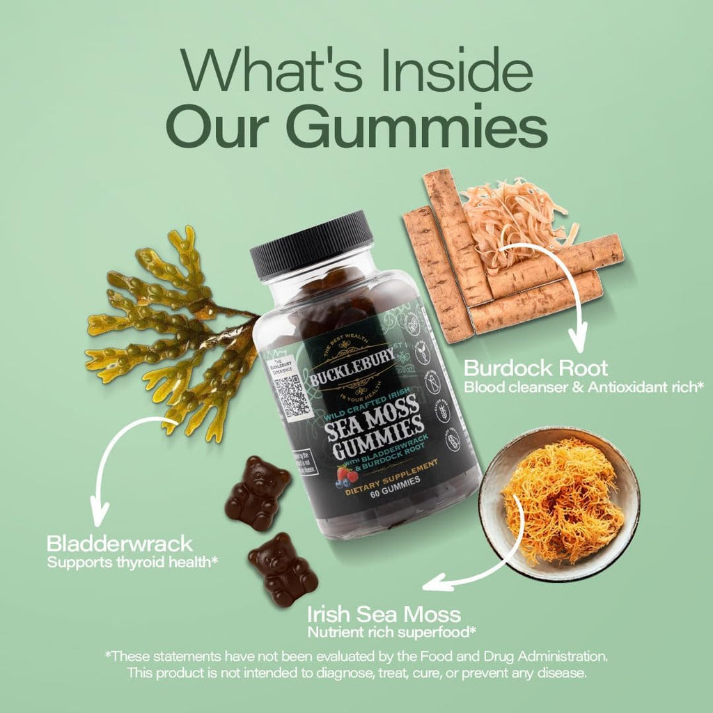 BUCKLEBURY Gominolas de Sea Moss Irlandés con Bladderwrack y Burdock Root - Complemento Alimenticio Vegano - 60 Gominolas