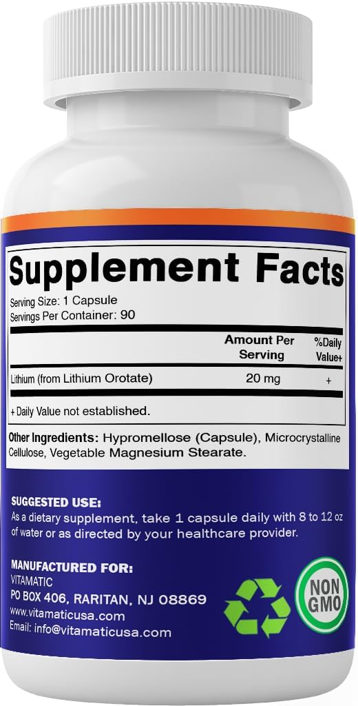 Vitamatic Orotato de Litio 20 mg, 90 Cápsulas - Veggie Caps, No Transgénico, Sin Gluten
