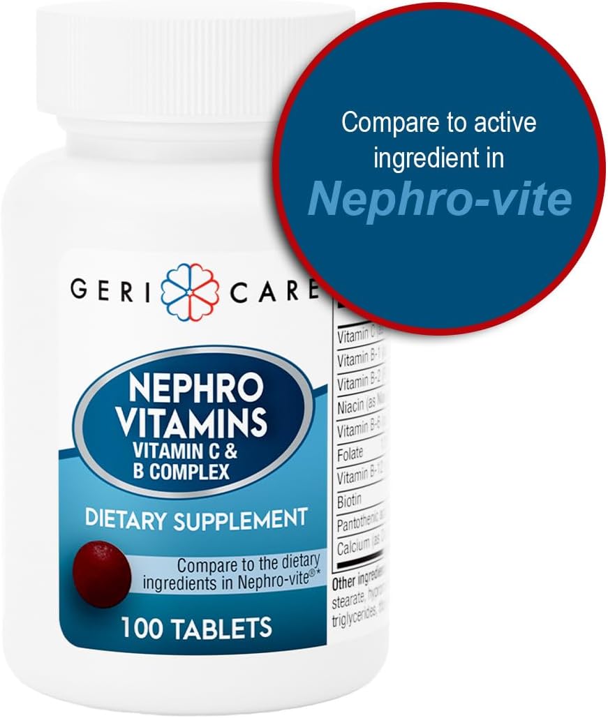 GeriCare Nephro Vitamin C & B Complex Tablets, 100 Count – Daily Kidney Health & Energy Support, Immune System Boost, Antioxidant Protection & Metabolism Support (Pack of 2)